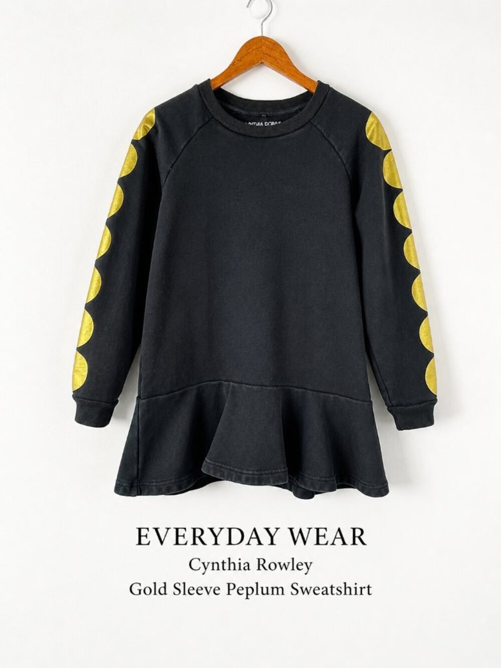 Cynthia Rowley Black Peplum Sweatshirt Gold Sleeve Polka XS
